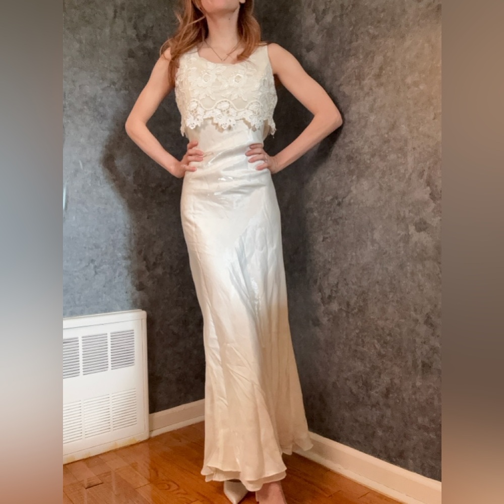 1990s Minimalist Wedding Dress | Ivory Charmeuse | Floral Lace Bodice Overlay S
